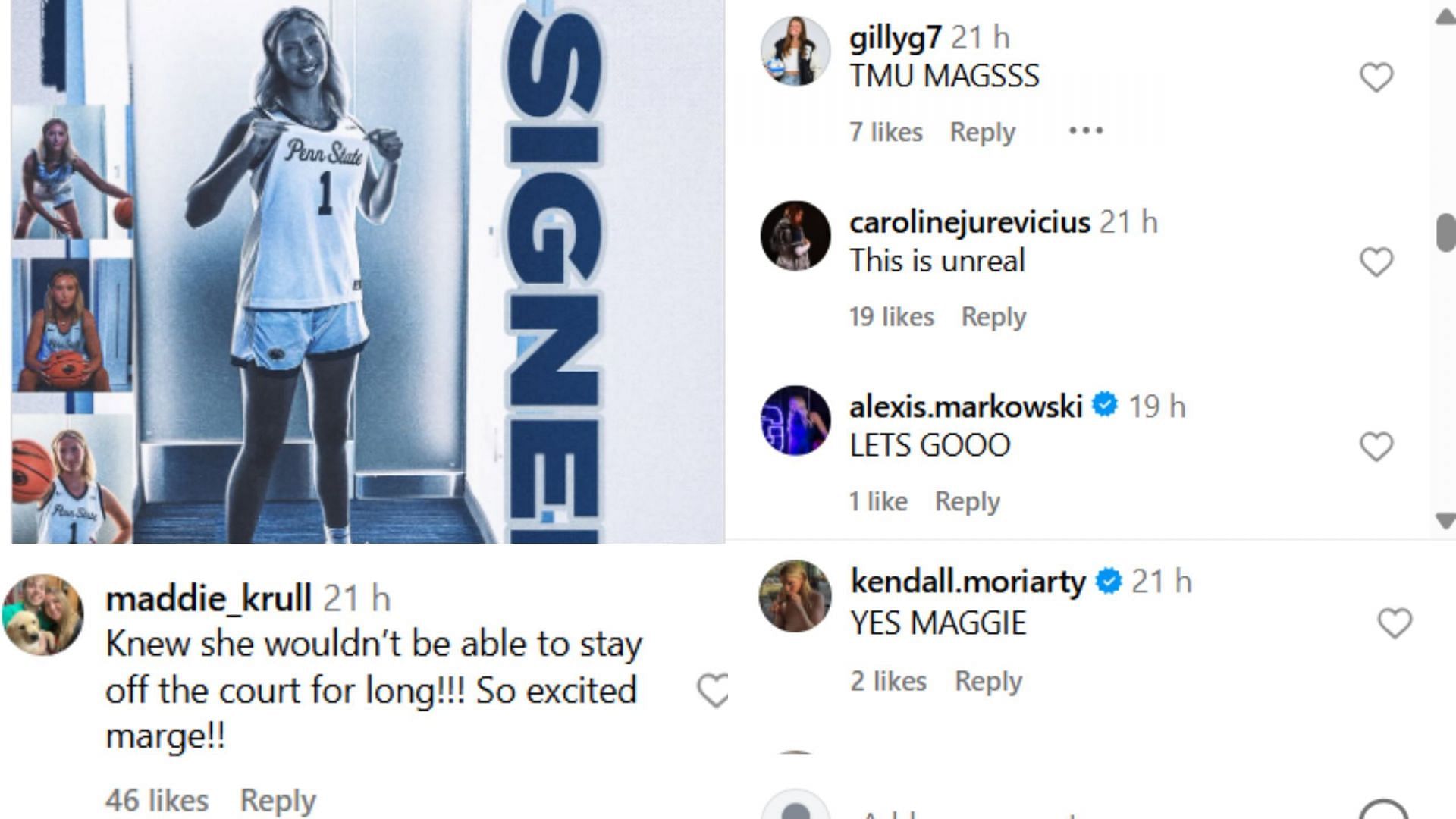Screenshot of comments (via IG/@maggie44mendelson, @pennstatewbb).
